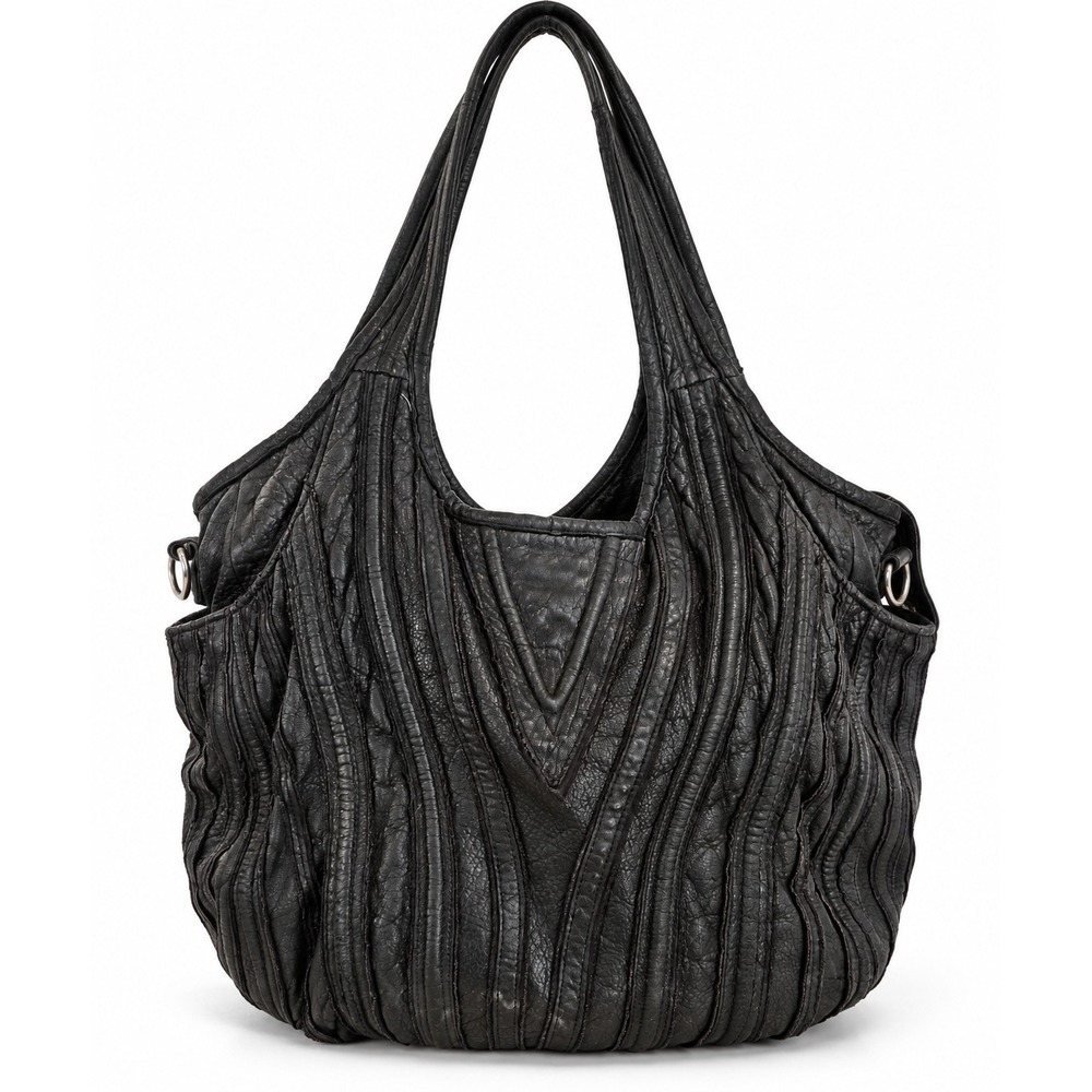 Monserat De Lucca Benecio XL Black Leather Tote Hobo Pleated Shoulder Bag
